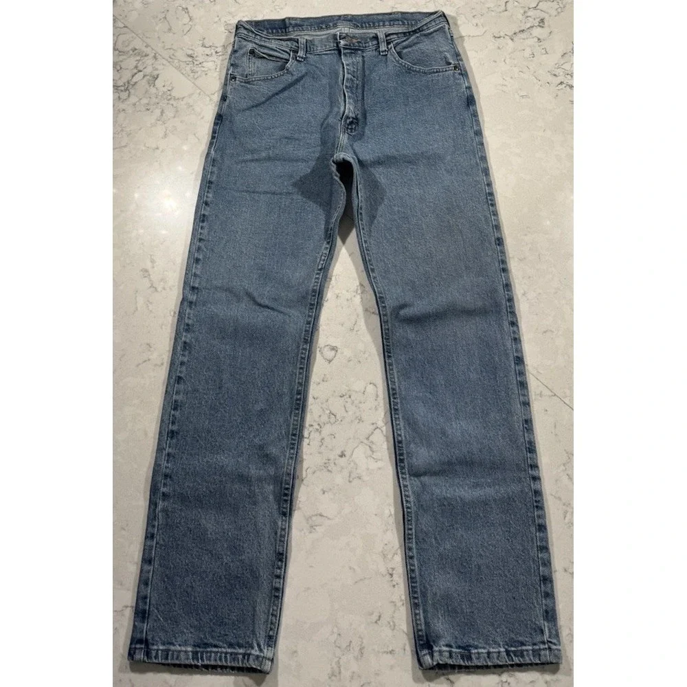 VTG Y2K Wrangler Jeans Mens 34x32 Blue Straight Leg Cowboy Western Workwear Logo